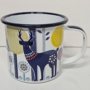 Folklore Enamel Mug White Multi Woodland Animal Folk Art Camping Cup